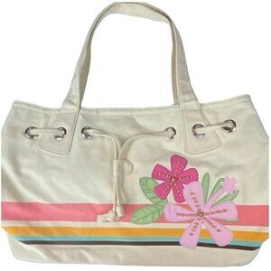 Joe Boxer Oversized Canvas Stripes and Flowers Summer Tote Handbag